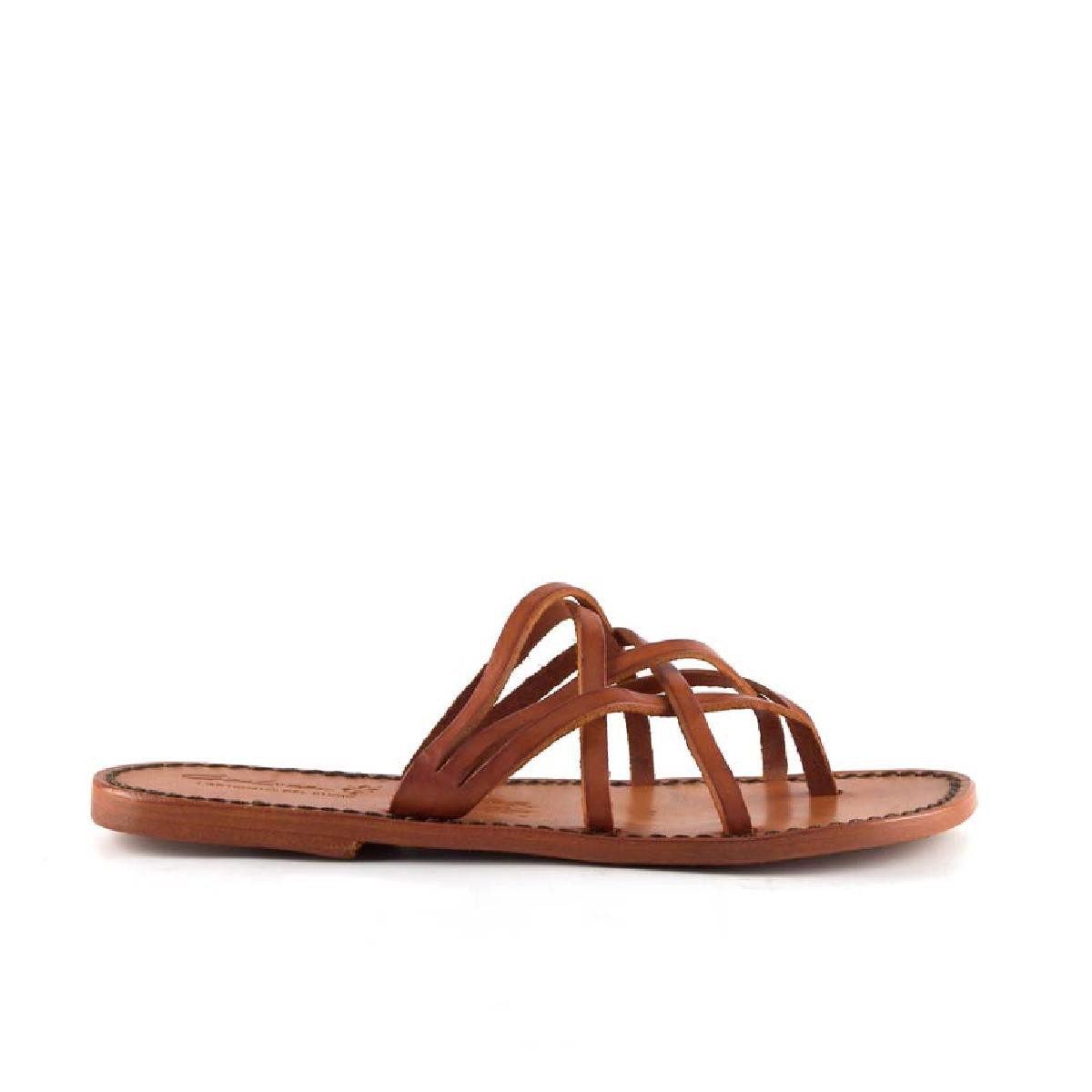 Lartigiano Del Cuoio Infradito intrecciati da donna fatti a mano in pelle arancio con suola in cuoio Offerta temporanea