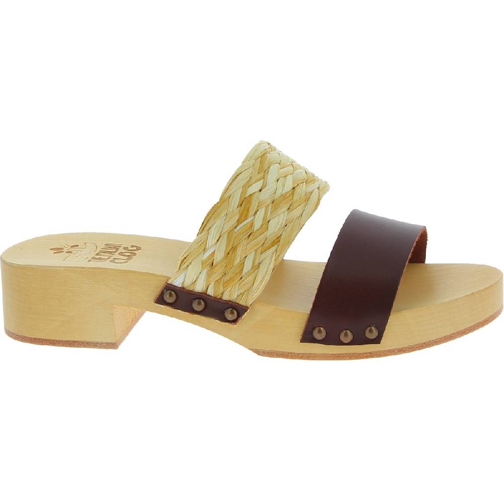 Lartigiano Del Cuoio Sabot in legno da donna artigianali con fascia in rafia e pelle testa di moro Italy