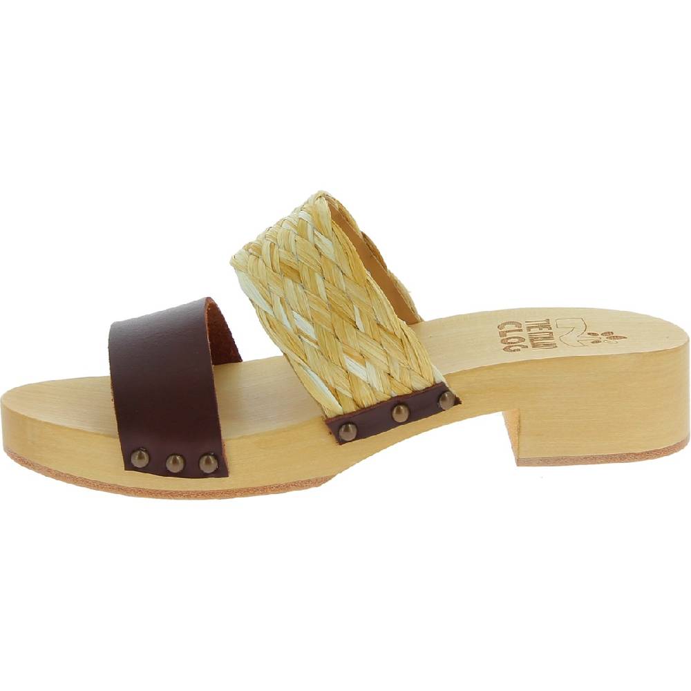 Lartigiano Del Cuoio Sabot in legno da donna artigianali con fascia in rafia e pelle testa di moro Italy