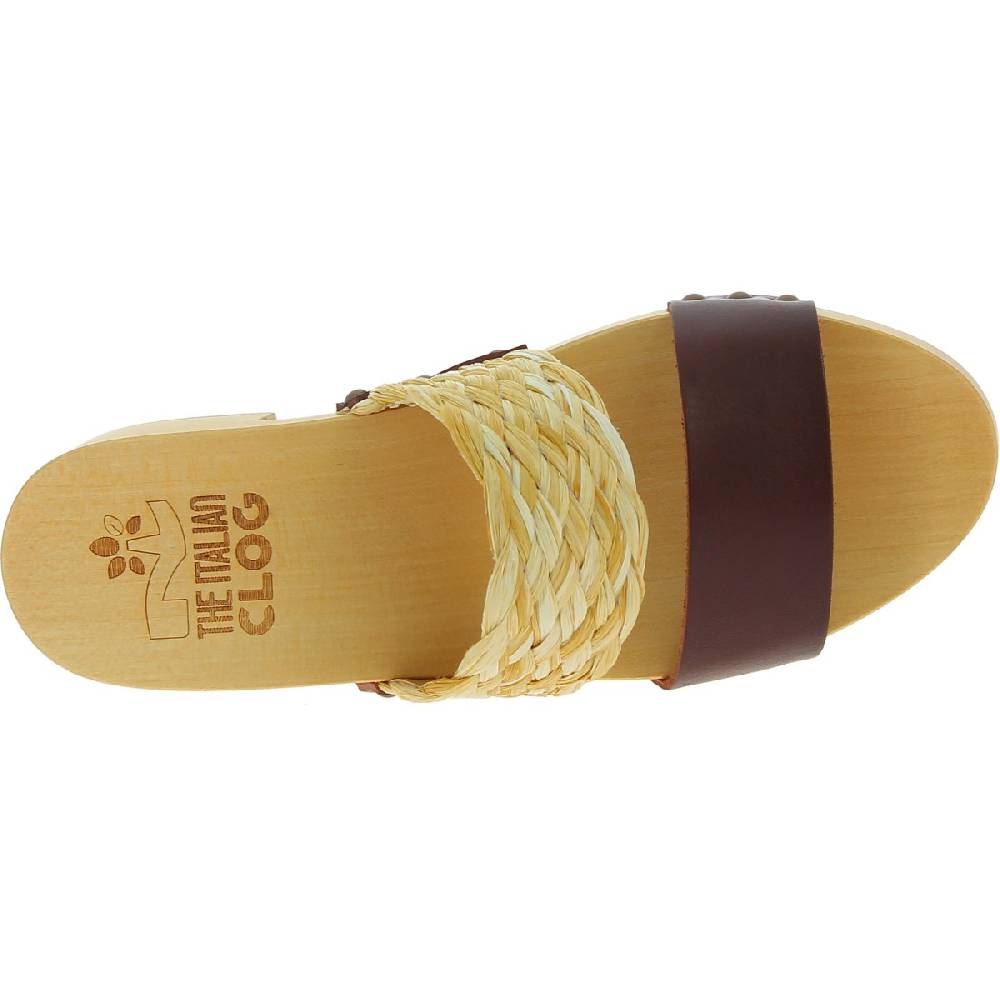 Lartigiano Del Cuoio Sabot in legno da donna artigianali con fascia in rafia e pelle testa di moro Italy