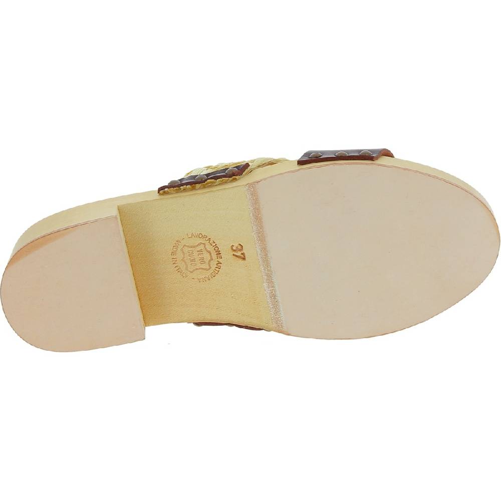 Lartigiano Del Cuoio Sabot in legno da donna artigianali con fascia in rafia e pelle testa di moro Italy