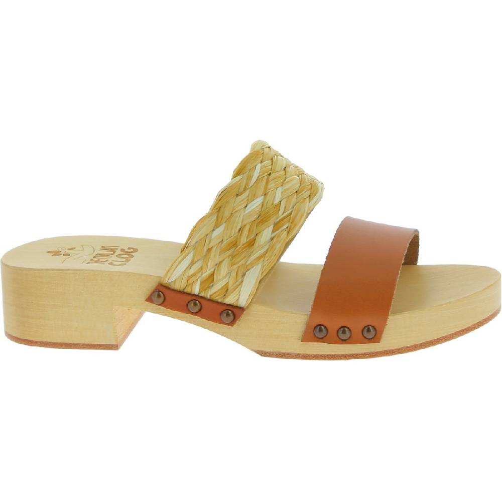 Lartigiano Del Cuoio Sabot in legno da donna artigianali con fascia in rafia e pelle color cuoio Spedizione Gratuita