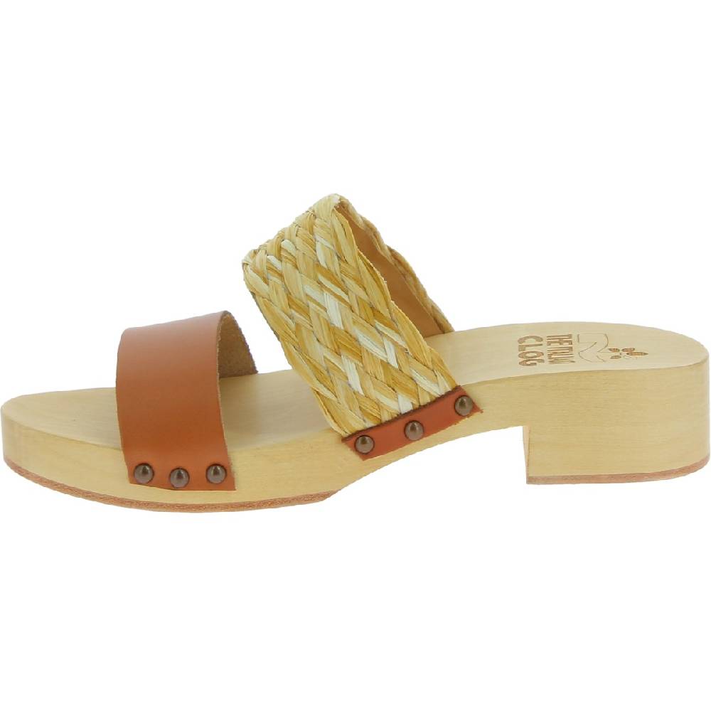 Lartigiano Del Cuoio Sabot in legno da donna artigianali con fascia in rafia e pelle color cuoio Spedizione Gratuita
