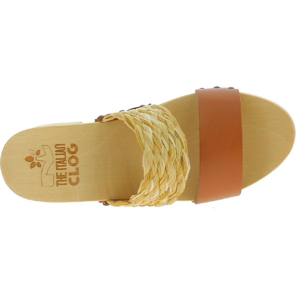 Lartigiano Del Cuoio Sabot in legno da donna artigianali con fascia in rafia e pelle color cuoio Spedizione Gratuita