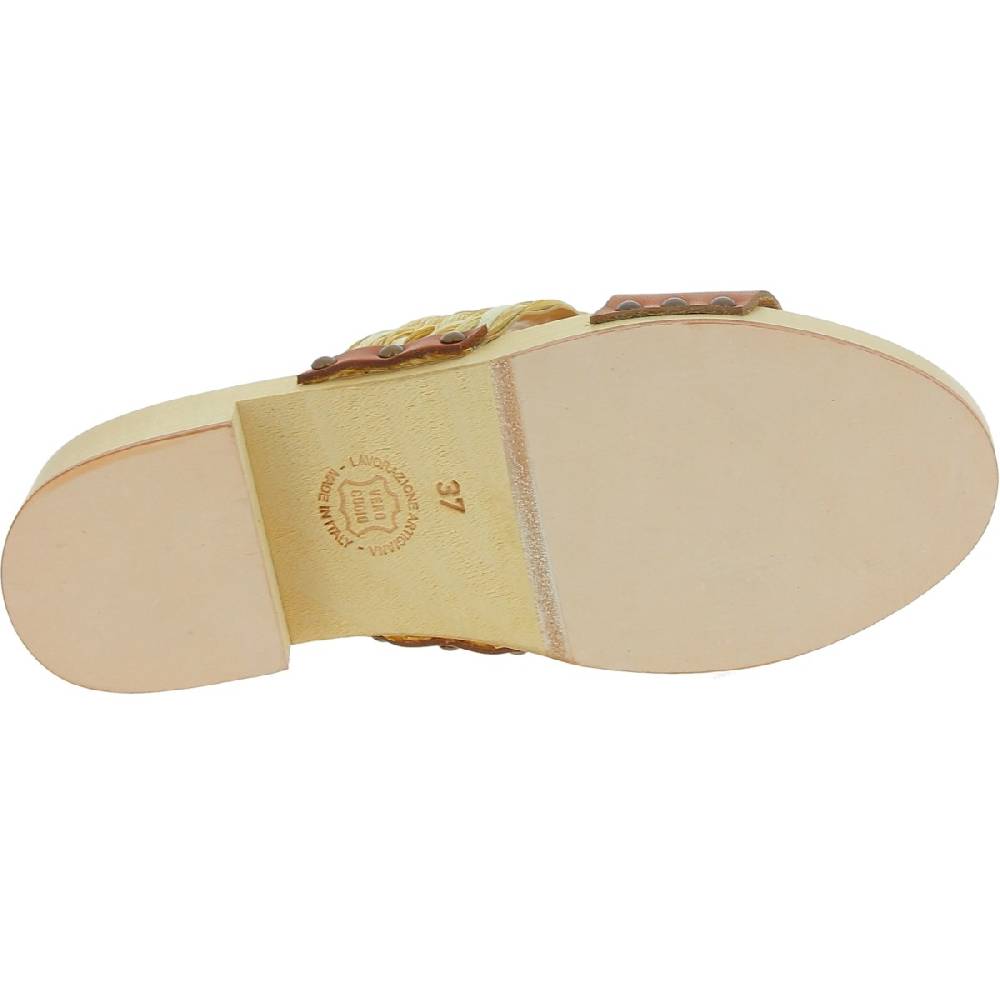 Lartigiano Del Cuoio Sabot in legno da donna artigianali con fascia in rafia e pelle color cuoio Spedizione Gratuita