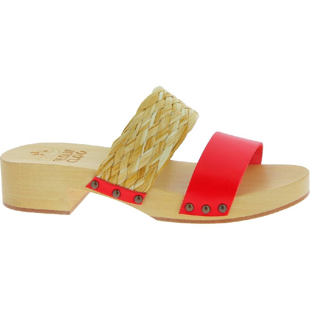 Lartigiano Del Cuoio Sabot in legno da donna artigianali con fascia in rafia e pelle rossa Acquista Ora