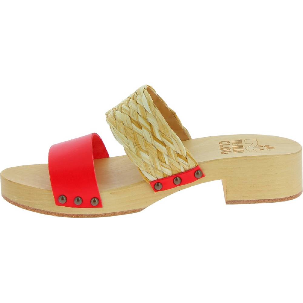 Lartigiano Del Cuoio Sabot in legno da donna artigianali con fascia in rafia e pelle rossa Acquista Ora