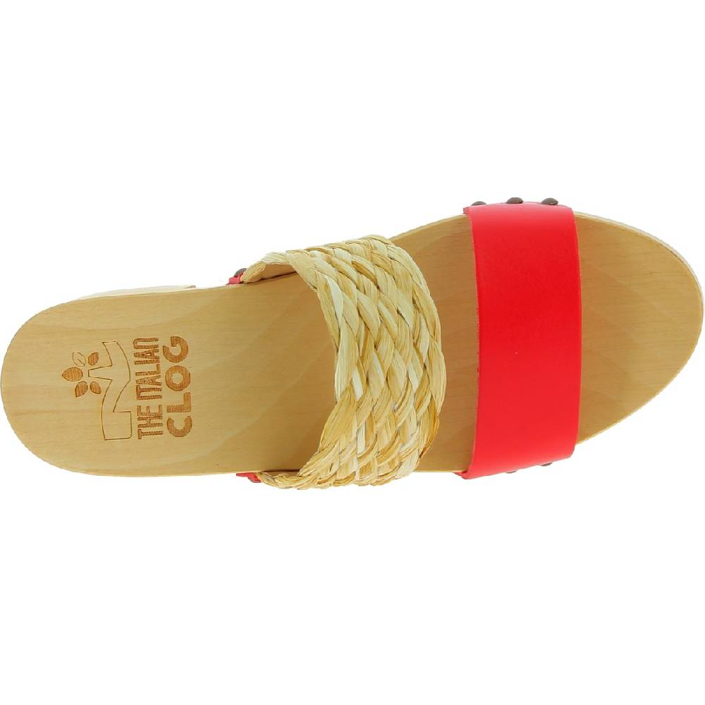 Lartigiano Del Cuoio Sabot in legno da donna artigianali con fascia in rafia e pelle rossa Acquista Ora