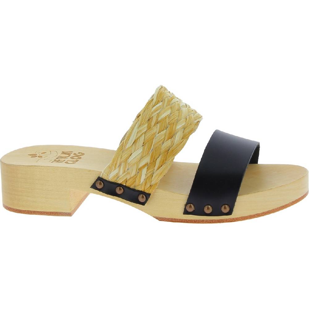 Lartigiano Del Cuoio Sabot da donna in legno artigianali con fascia in rafia e pelle nero Qualità Garantita
