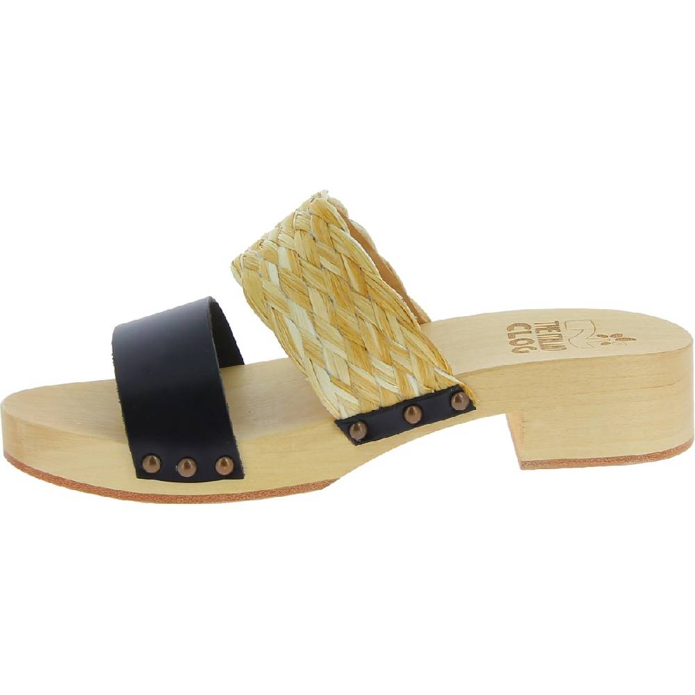Lartigiano Del Cuoio Sabot da donna in legno artigianali con fascia in rafia e pelle nero Qualità Garantita
