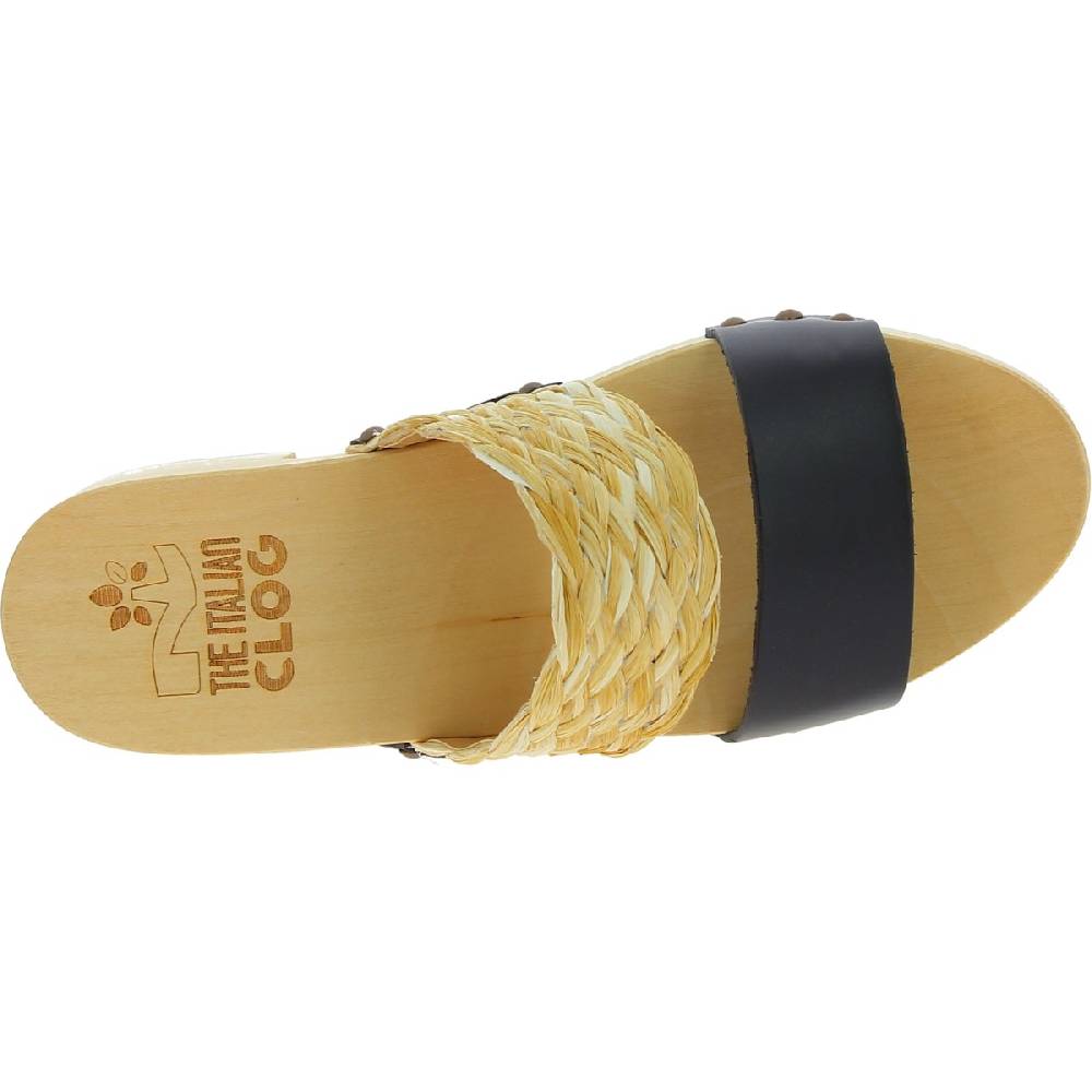 Lartigiano Del Cuoio Sabot da donna in legno artigianali con fascia in rafia e pelle nero Qualità Garantita