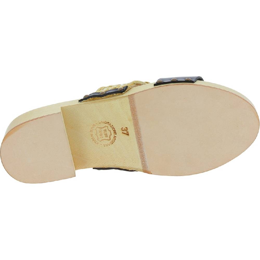 Lartigiano Del Cuoio Sabot da donna in legno artigianali con fascia in rafia e pelle nero Qualità Garantita