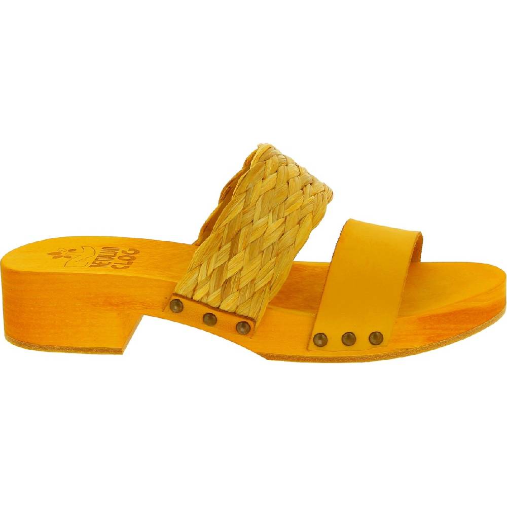 Lartigiano Del Cuoio Sabot da donna giallo in legno artigianali con fascia in rafia e pelle Affare Del Giorno