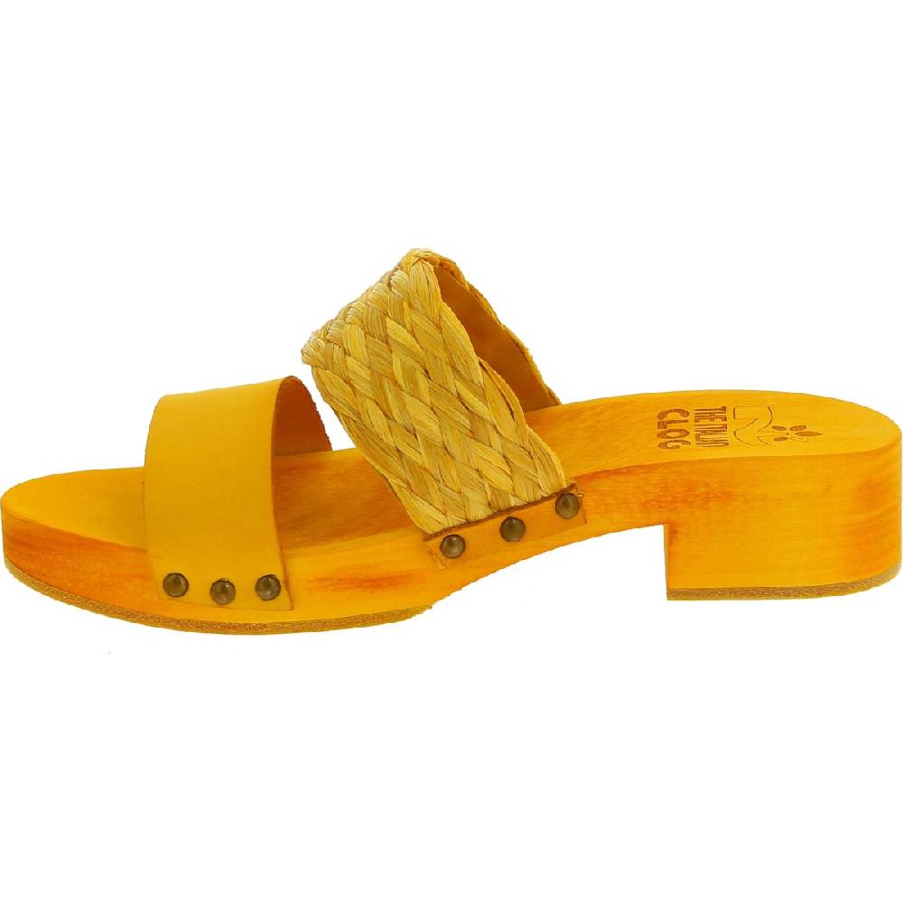 Lartigiano Del Cuoio Sabot da donna giallo in legno artigianali con fascia in rafia e pelle Affare Del Giorno