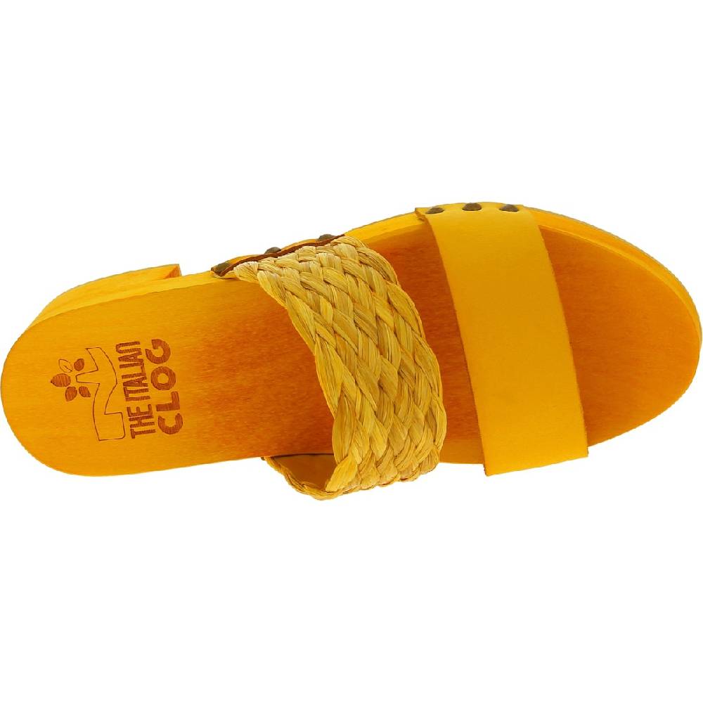 Lartigiano Del Cuoio Sabot da donna giallo in legno artigianali con fascia in rafia e pelle Affare Del Giorno