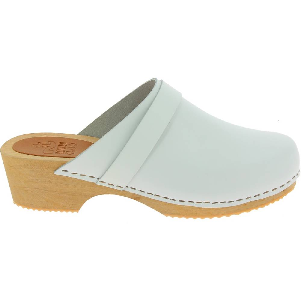 Lartigiano Del Cuoio Zoccoli in legno artigianali da donna con tomaia chiusa in pelle bianca Convenienza