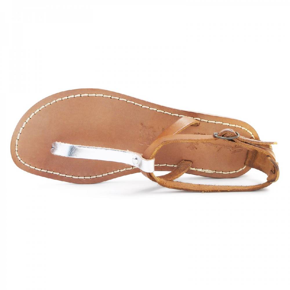 Lartigiano Del Cuoio Sandali infradito donna in pelle bicolore cuoio e argento Offerte