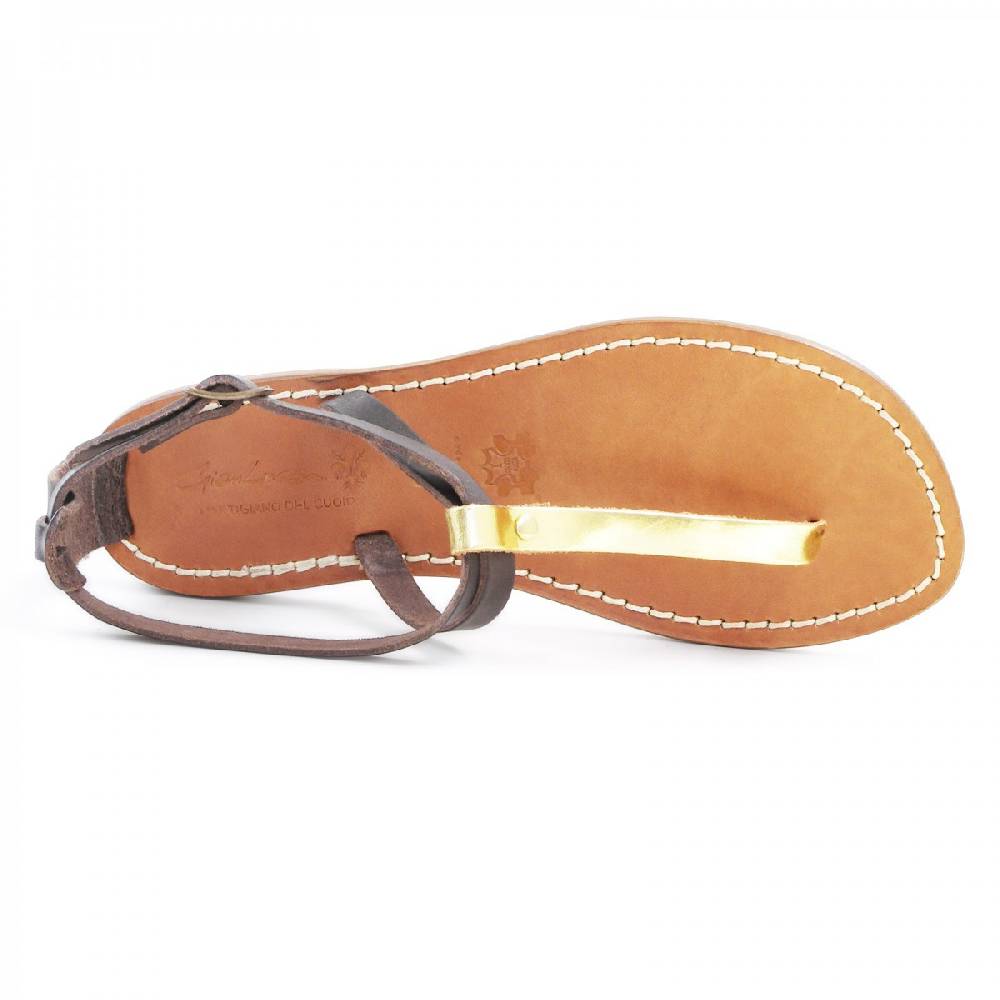 Lartigiano Del Cuoio Sandali infradito donna in pelle bicolore marrone e oro Hotsell