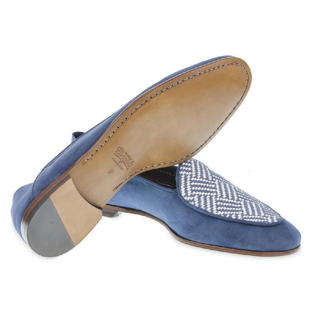 Lartigiano Del Cuoio Mocassino in camoscio azzurro e tessuto intrecciato fatto a mano Vendite Flash