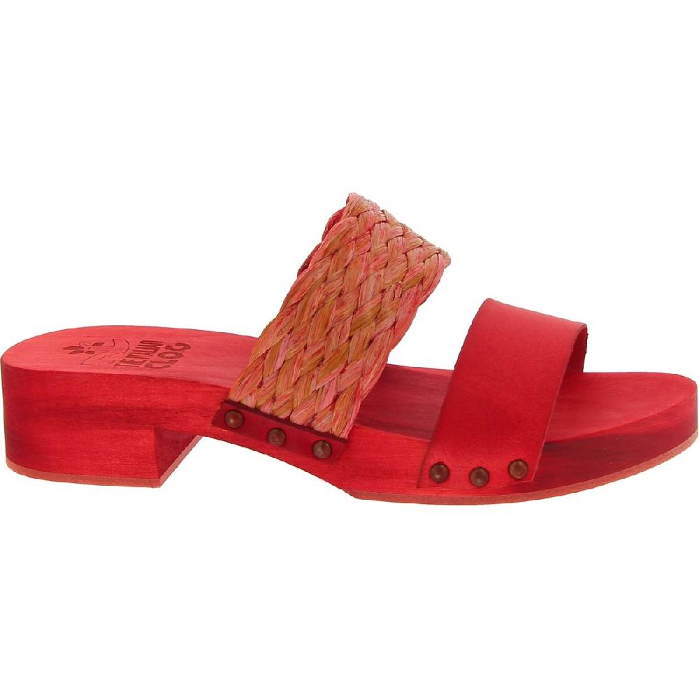 Lartigiano Del Cuoio Sabot da donna rosso in legno artigianali con fascia in rafia e pelle Soddisfazione Garantita
