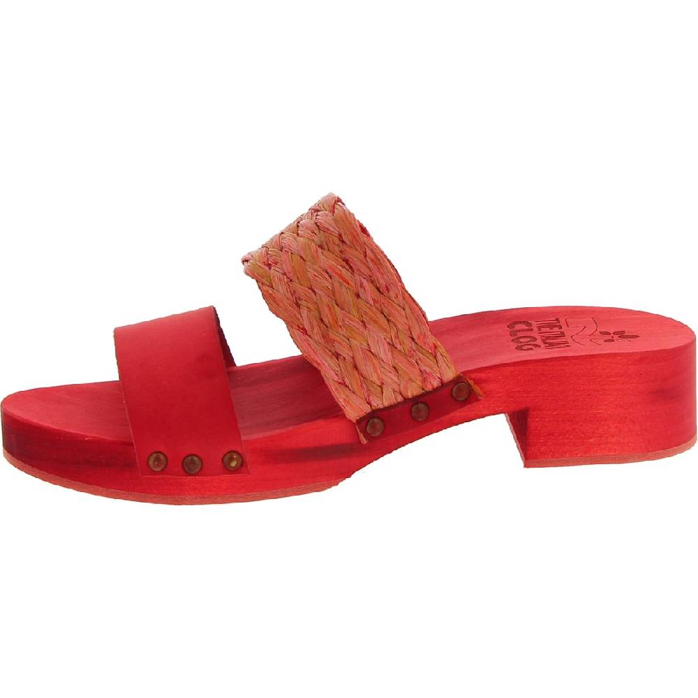 Lartigiano Del Cuoio Sabot da donna rosso in legno artigianali con fascia in rafia e pelle Soddisfazione Garantita