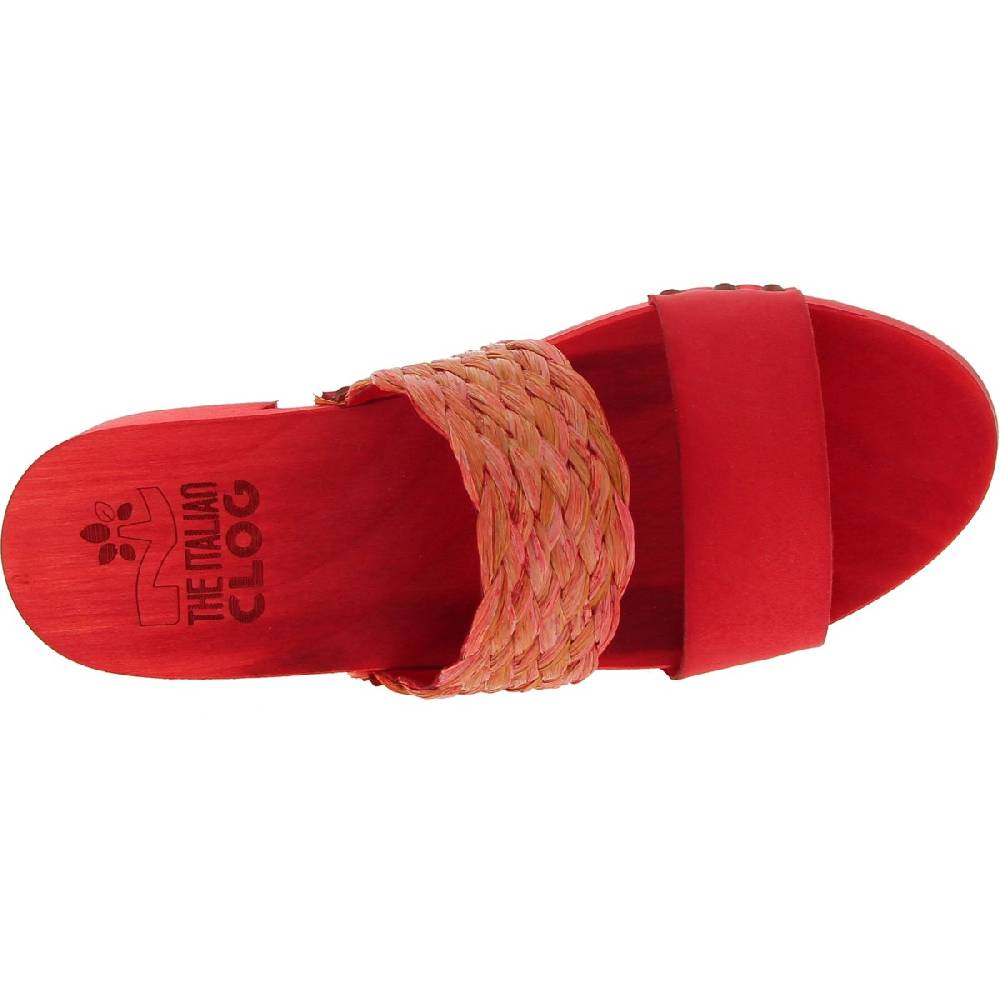 Lartigiano Del Cuoio Sabot da donna rosso in legno artigianali con fascia in rafia e pelle Soddisfazione Garantita