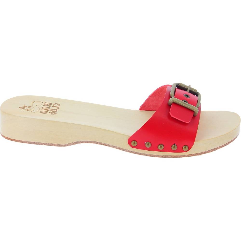 Lartigiano Del Cuoio Zoccoli di legno artigianali da donna con fascia regolabile in pelle rossa Shopping Online