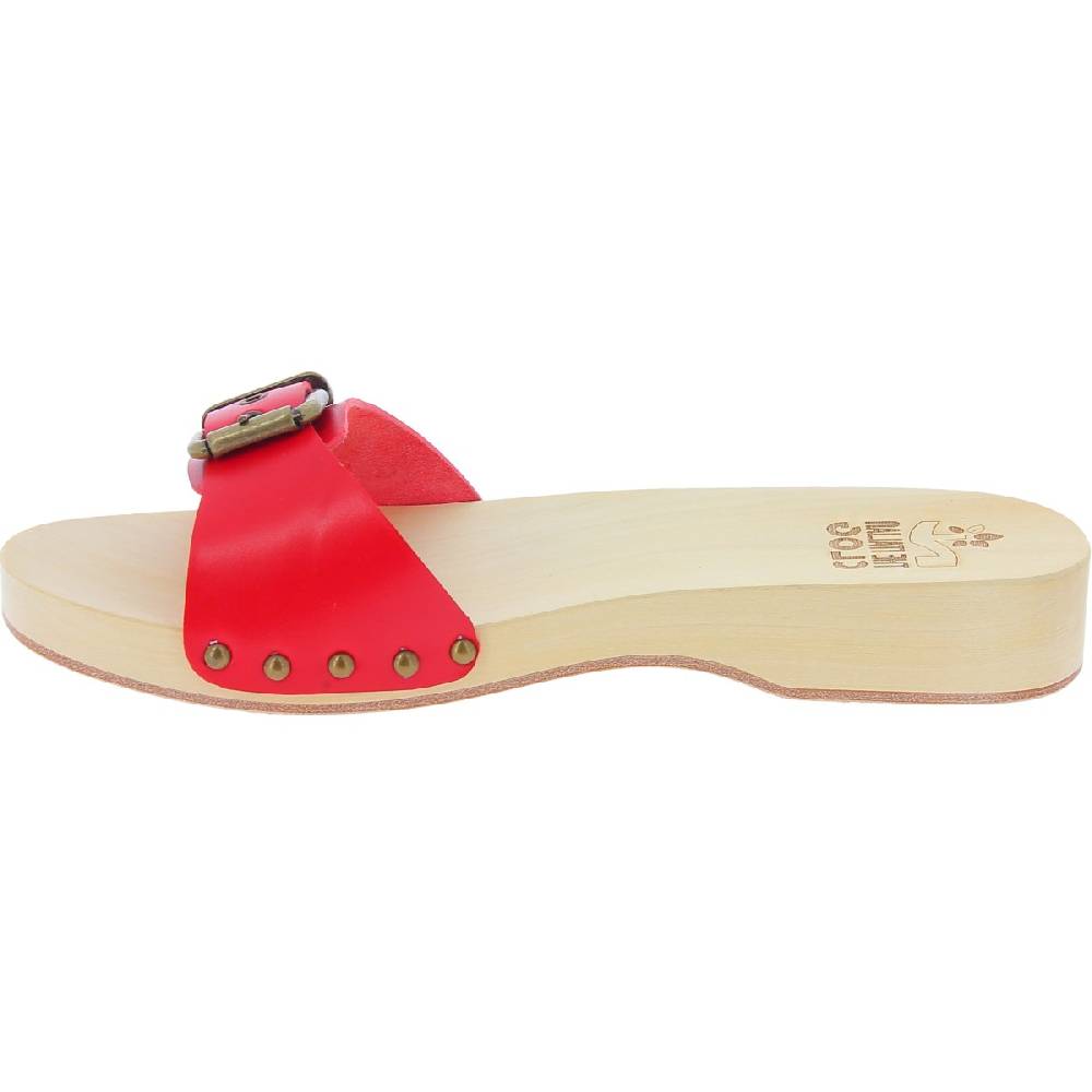 Lartigiano Del Cuoio Zoccoli di legno artigianali da donna con fascia regolabile in pelle rossa Shopping Online