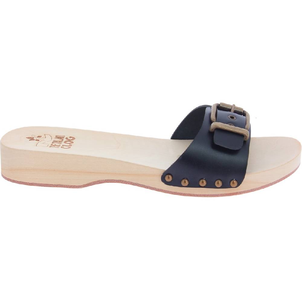 Lartigiano Del Cuoio Zoccoli di legno artigianali da donna con fascia regolabile in pelle nera Prezzo Ridotto