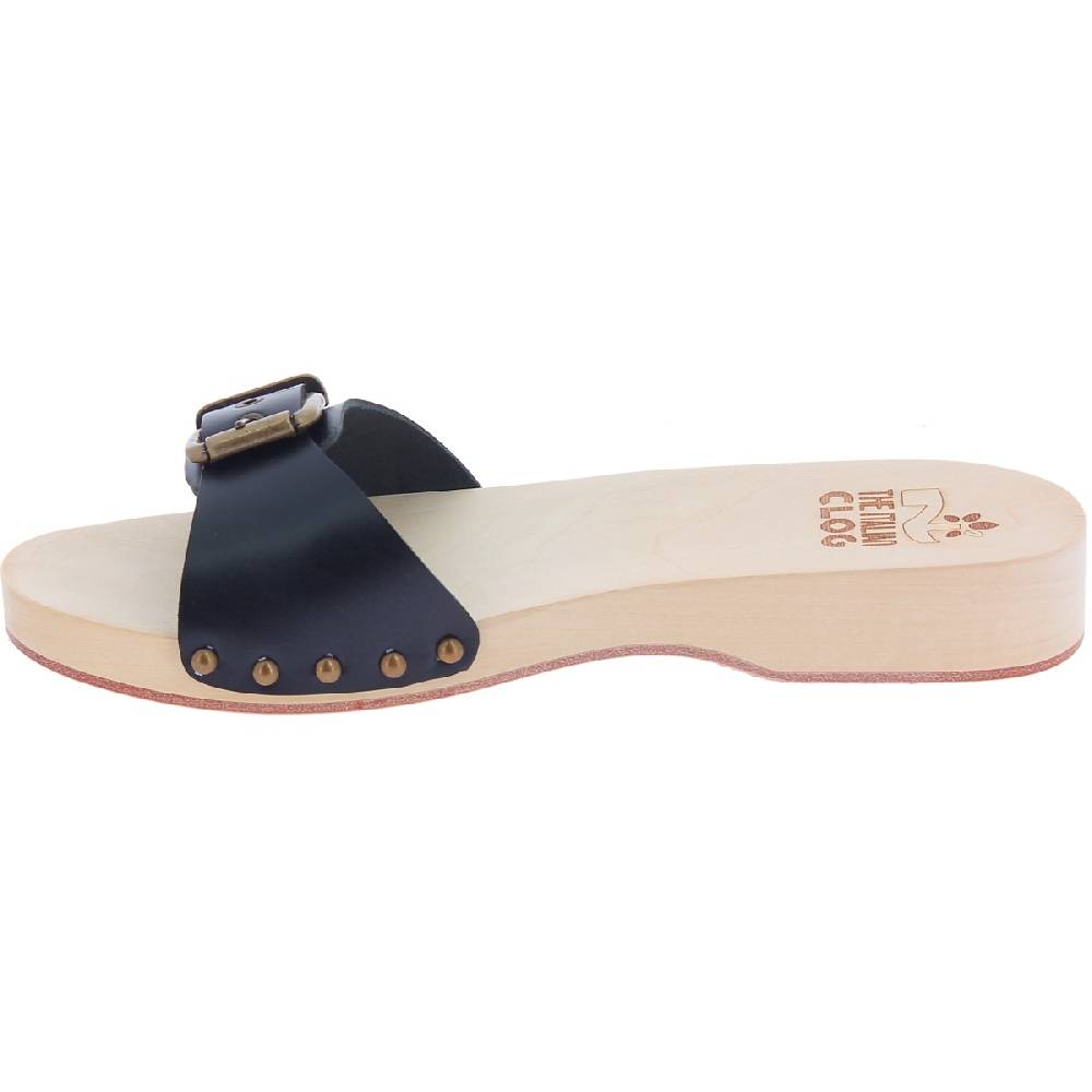 Lartigiano Del Cuoio Zoccoli di legno artigianali da donna con fascia regolabile in pelle nera Prezzo Ridotto