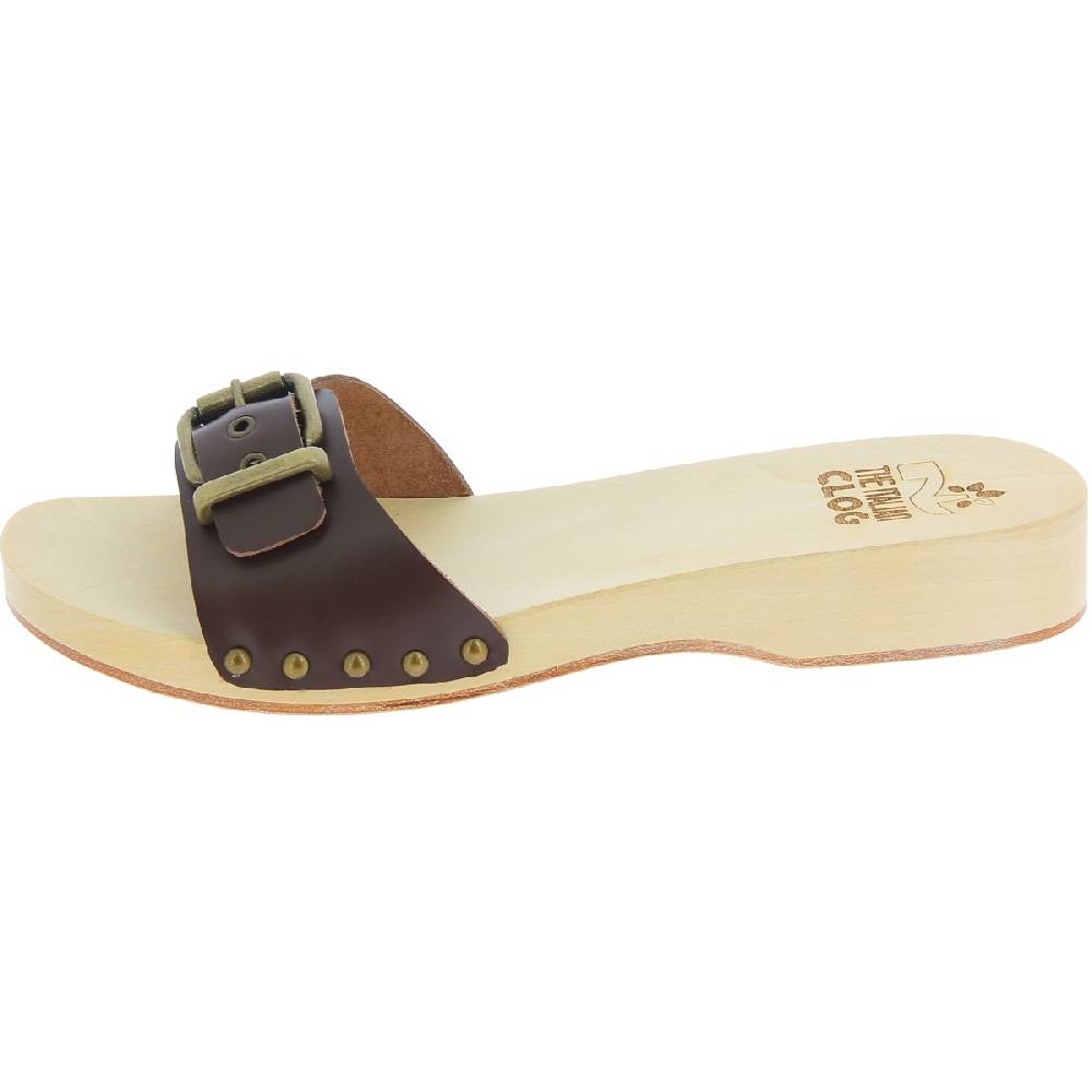 Lartigiano Del Cuoio Zoccoli in legno donna con fascia regolabile in pelle marrone scuro Sconto
