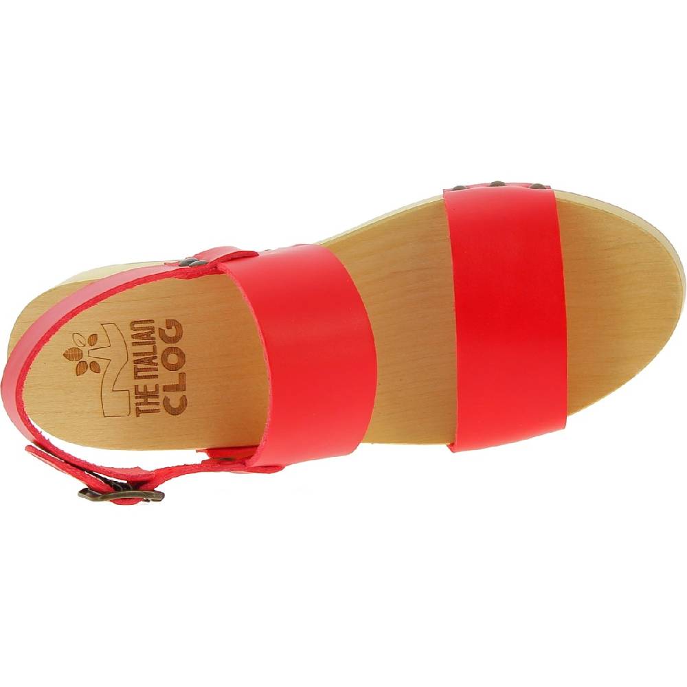 Lartigiano Del Cuoio Zoccoli donna in legno con fasce in pelle rossa Soddisfazione Garantita