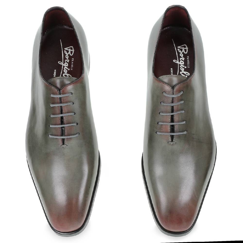 Lartigiano Del Cuoio Scarpe Oxford da uomo in pelle grigia tinta a mano con sfumature bordò Vendita Calda