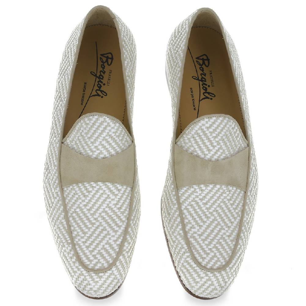 Lartigiano Del Cuoio Mocassino penny in camoscio e tessuto intrecciato bianco e beige Vendita Economica