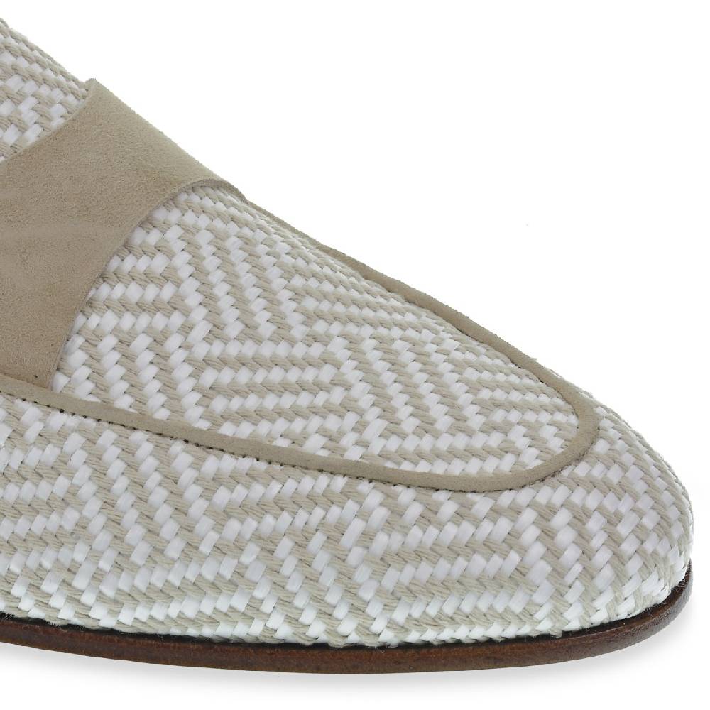 Lartigiano Del Cuoio Mocassino penny in camoscio e tessuto intrecciato bianco e beige Vendita Economica