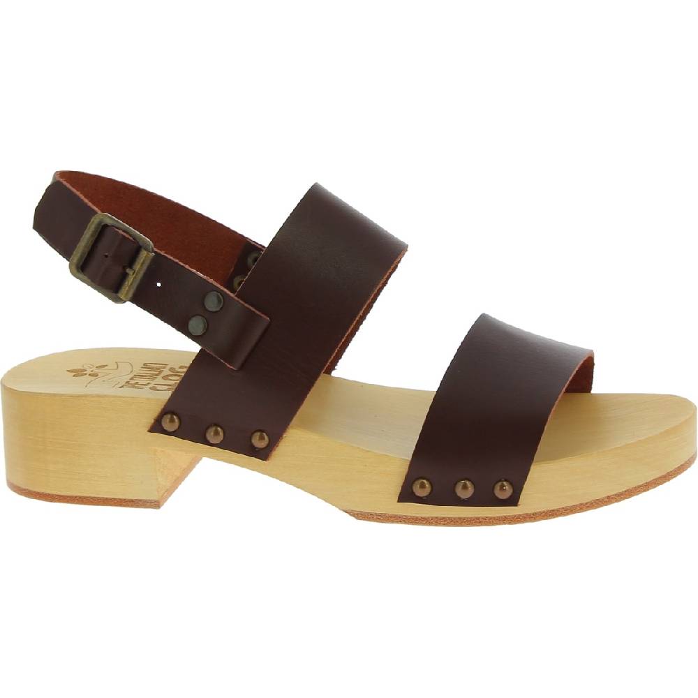 Lartigiano Del Cuoio Zoccoli donna in legno con fasce in pelle marrone scuro Offerta speciale della fabbrica