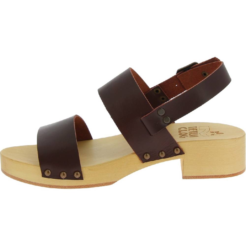 Lartigiano Del Cuoio Zoccoli donna in legno con fasce in pelle marrone scuro Offerta speciale della fabbrica