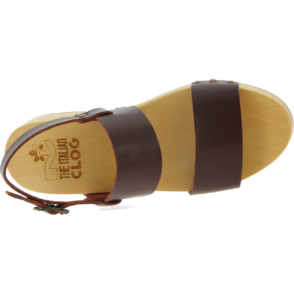 Lartigiano Del Cuoio Zoccoli donna in legno con fasce in pelle marrone scuro Offerta speciale della fabbrica