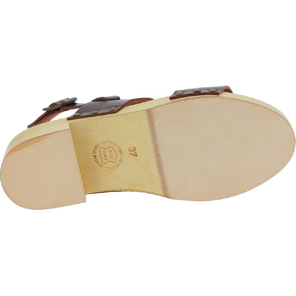 Lartigiano Del Cuoio Zoccoli donna in legno con fasce in pelle marrone scuro Offerta speciale della fabbrica