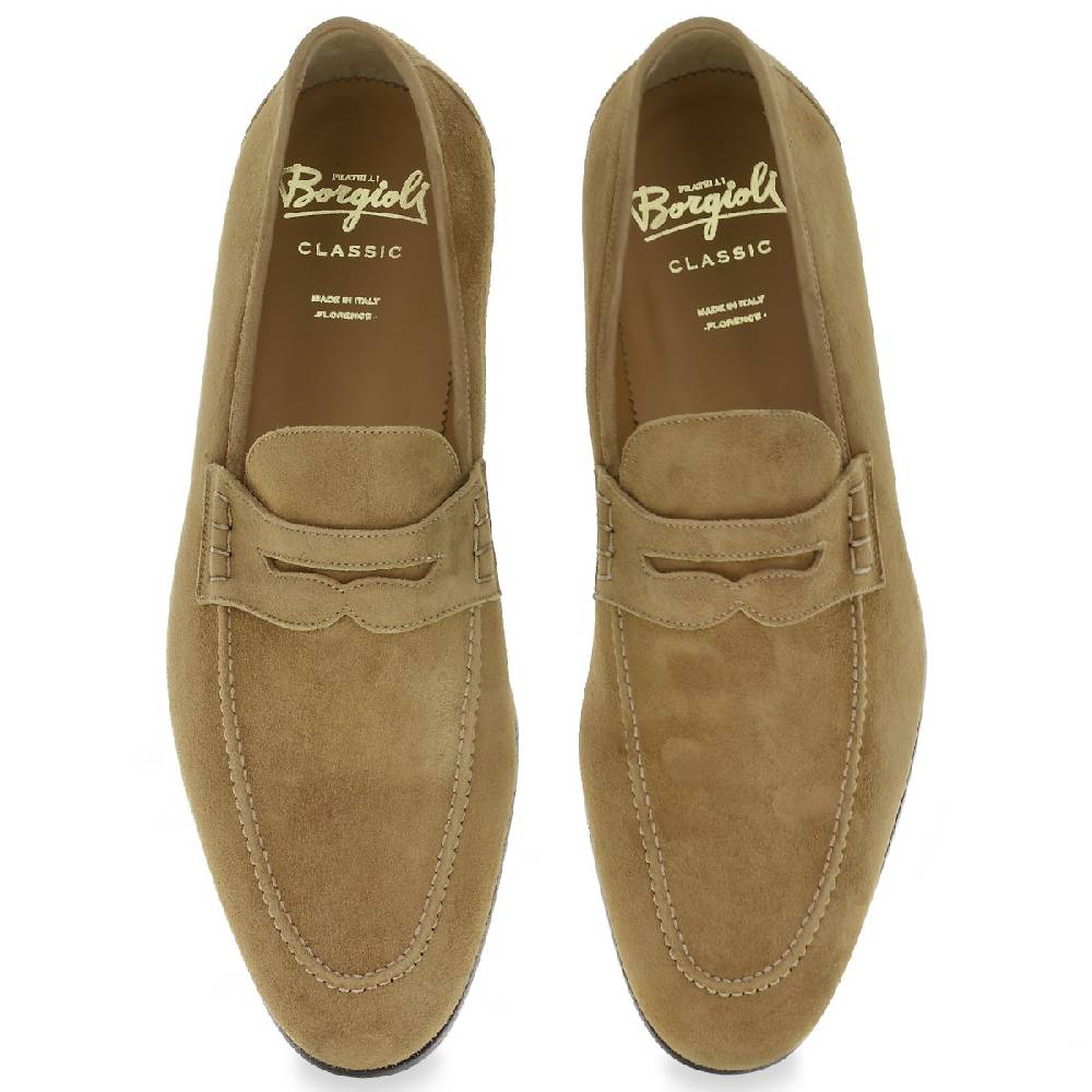 Lartigiano Del Cuoio Mocassino penny in camoscio beige realizzato a mano da Fratelli Borgioli Nuovo