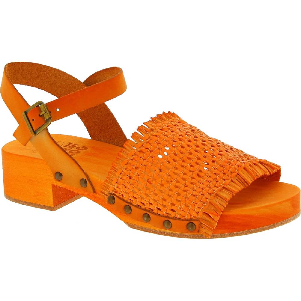 Lartigiano Del Cuoio Zoccolo da donna arancio in legno con fascia in vera pelle intrecciata
