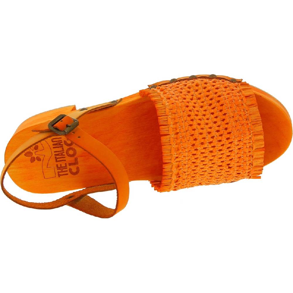 Lartigiano Del Cuoio Zoccolo da donna arancio in legno con fascia in vera pelle intrecciata In Vendita