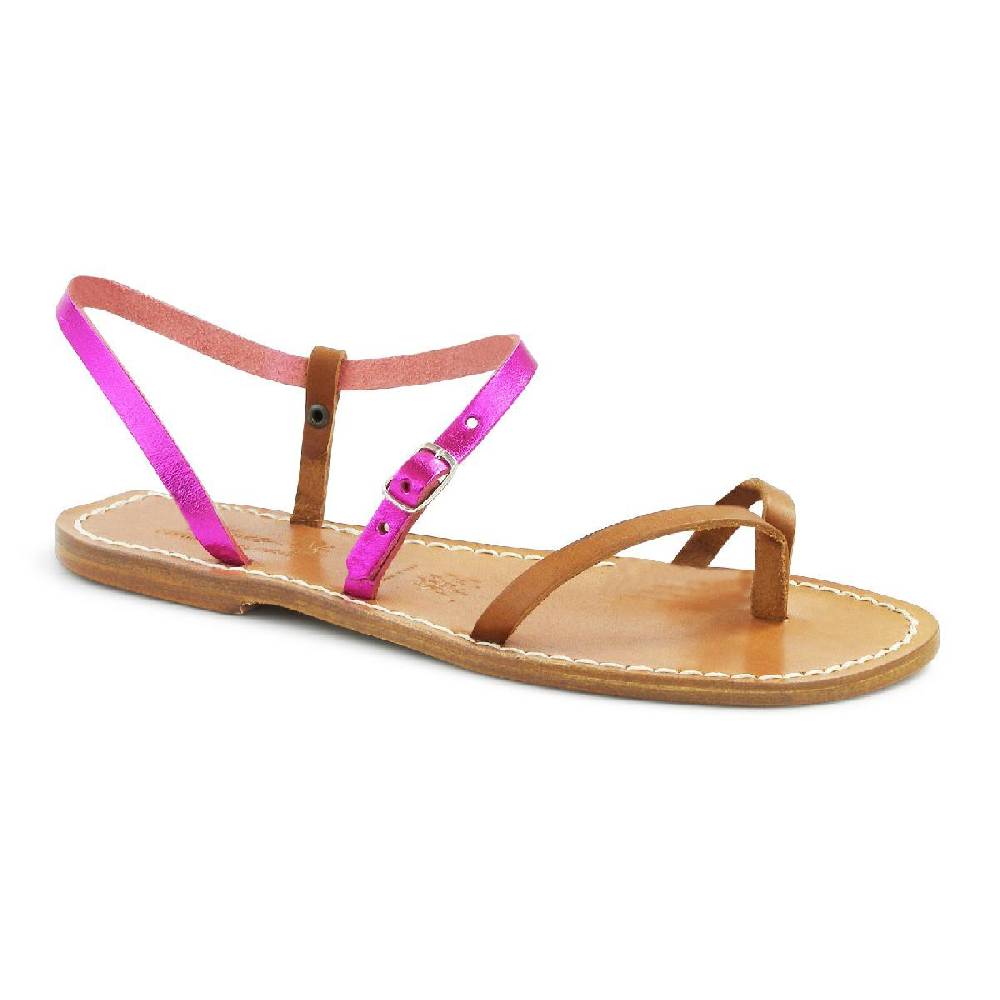 Lartigiano Del Cuoio Sandali infradito donna bicolore fucsia e cuoio Vendita Calda
