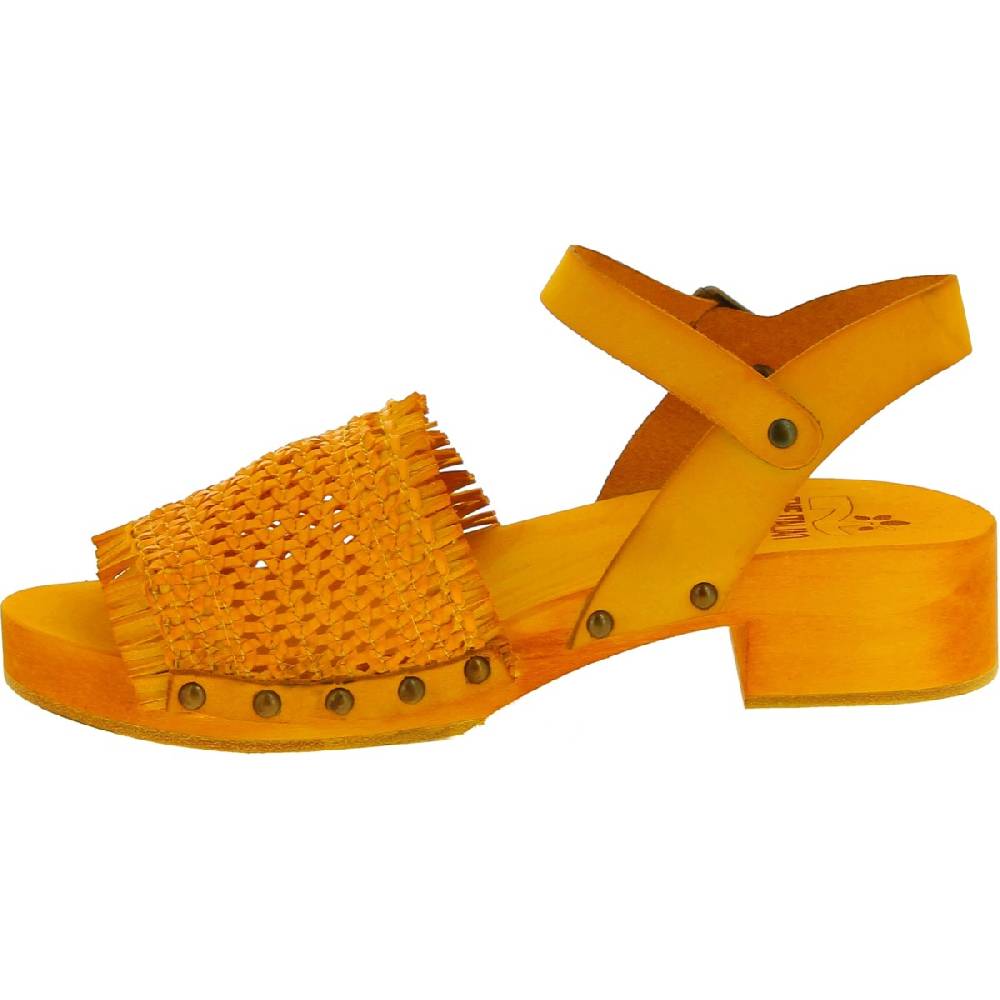 Lartigiano Del Cuoio Zoccolo da donna giallo in legno artigianali con fascia in pelle intrecciata Vendita Economica