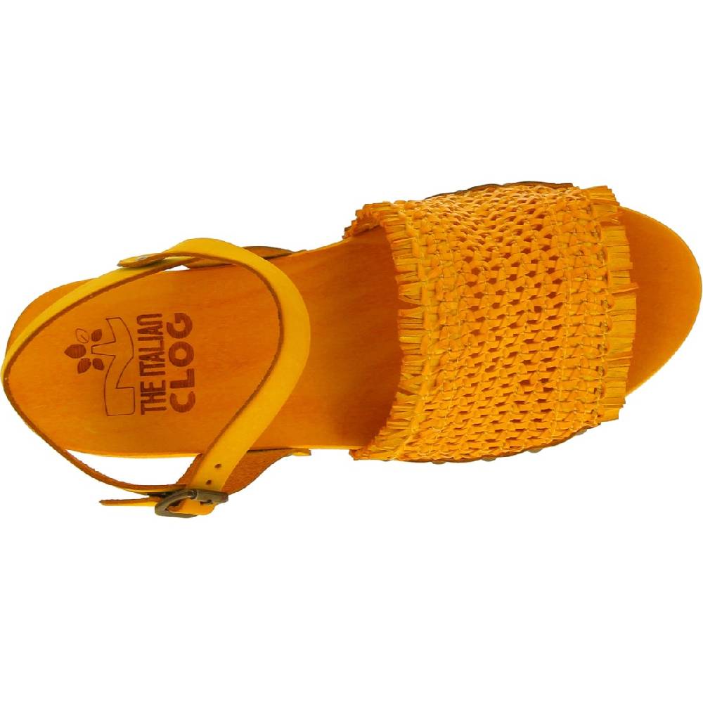Lartigiano Del Cuoio Zoccolo da donna giallo in legno artigianali con fascia in pelle intrecciata Vendita Economica