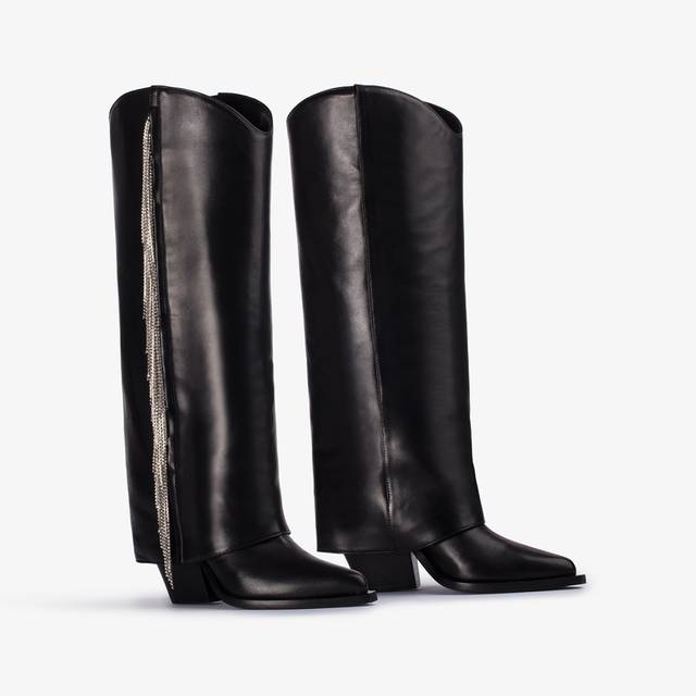 Le Silla Stivale al ginocchio d'ispirazione Western con risvolto nappa nera con frange argento Moda