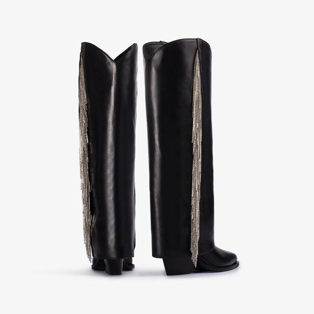 Le Silla Stivale al ginocchio d'ispirazione Western con risvolto nappa nera con frange argento Moda
