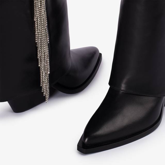Le Silla Stivale al ginocchio d'ispirazione Western con risvolto nappa nera con frange argento Moda