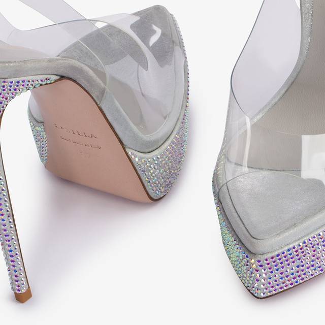 Le Silla Sandalo slingback con plateau plexy e Cristalli argento Promozione