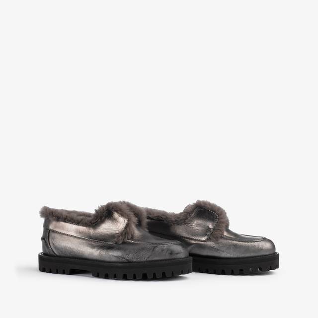 Le Silla Mocassino pelle laminata effetto vintage peltro con fodera lapin Promozione